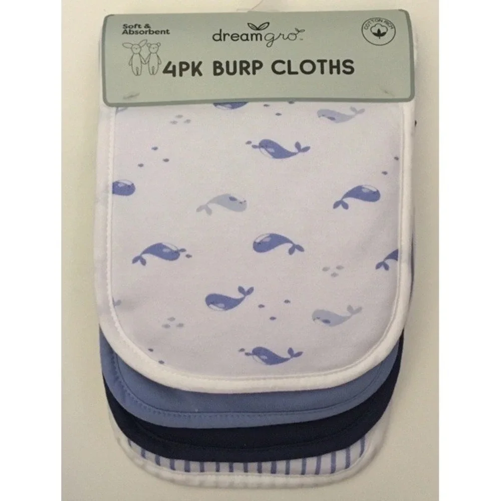 NEW Baby Burp Cloths 4pc Set Soft Absorbent Whales, Stripes, Solid DreamGro